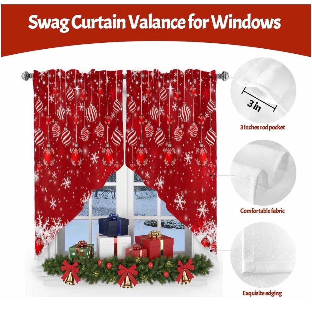 Red Christmas Swag Valance Set Ornament Snowflake Holiday Window Curtains 2pc